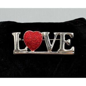 Vintage‎ SFJ Valentine Red Glitter Heart LOVE Brooch Lapel Pin Signed Numbered
